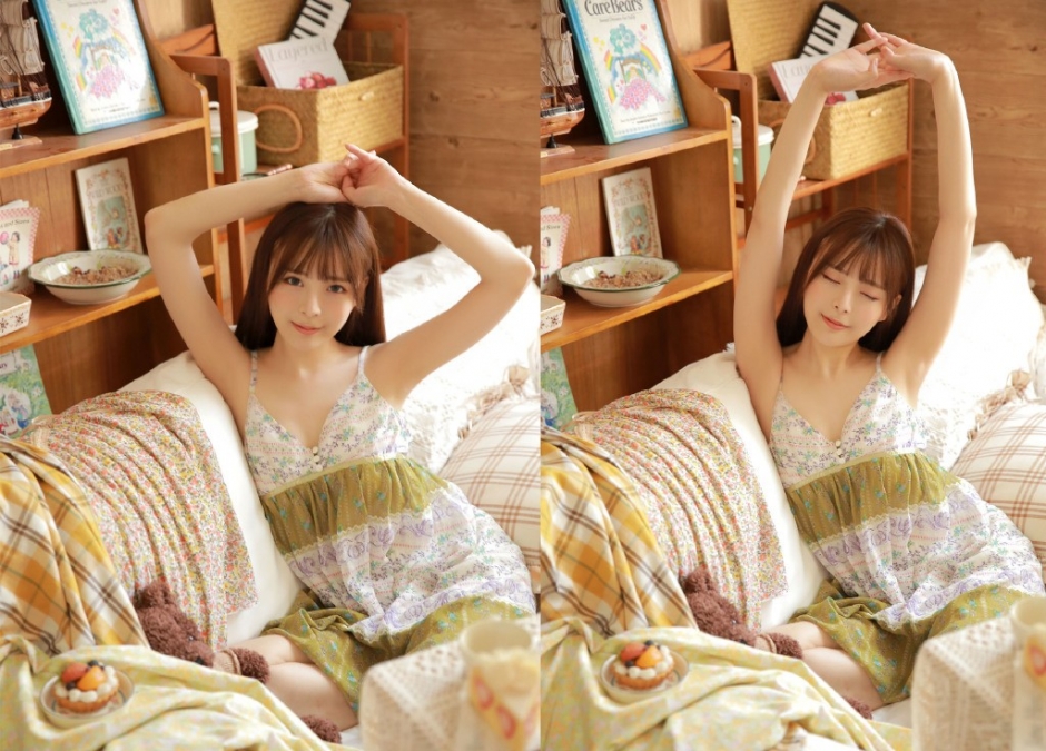 吊带碎花裙美女柔顺长发粉嫩脸蛋图片